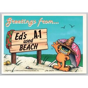 Vintage Garfield the Cat Postcard - Jim Davis 1978 - "Ed's A-1 Used‎ Beach" B1